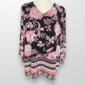 JM‎ Collection Size Large Top Shirt Flowy Semi Sheer Sleeve Floral Stretch
